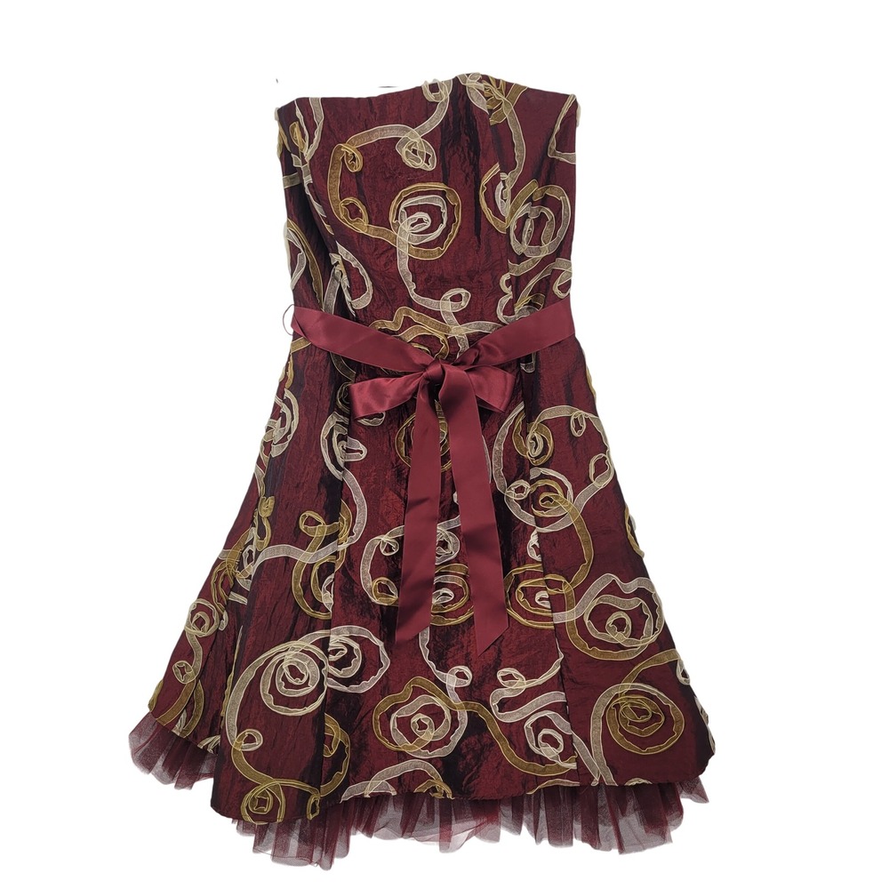 Vtg Jessica McClintock Whimsigoth Strapless Burgundy 3D Swirl Party Dress Sz 8